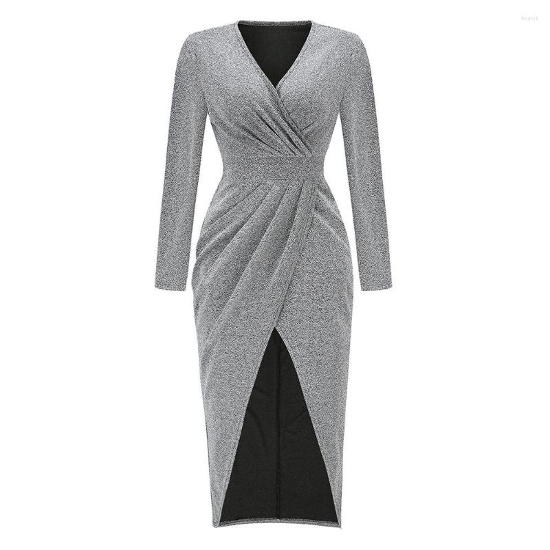 Casual Dresses Slim Black Waist Pleated Sexy V-Neck Midi Dress Office Lady Long Sleeve Solid Color Elegant Slit Vestidos