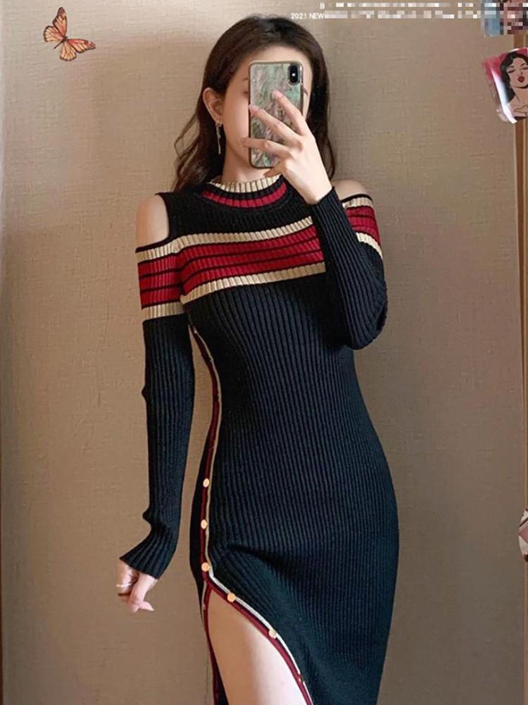 Dresses Sexy Dress Ladies Party Fashion Off Shoulder Color Block Striped Sheath Knitted Dresses Womens Elegant Sweater Split Dress 2022, Black
Dresses Sexy Dress Ladies Party Fashion Off Shoulder Color Block Striped Sheath Knitted Dresses Womens Elegant Sweater Split Dress 2022, Black