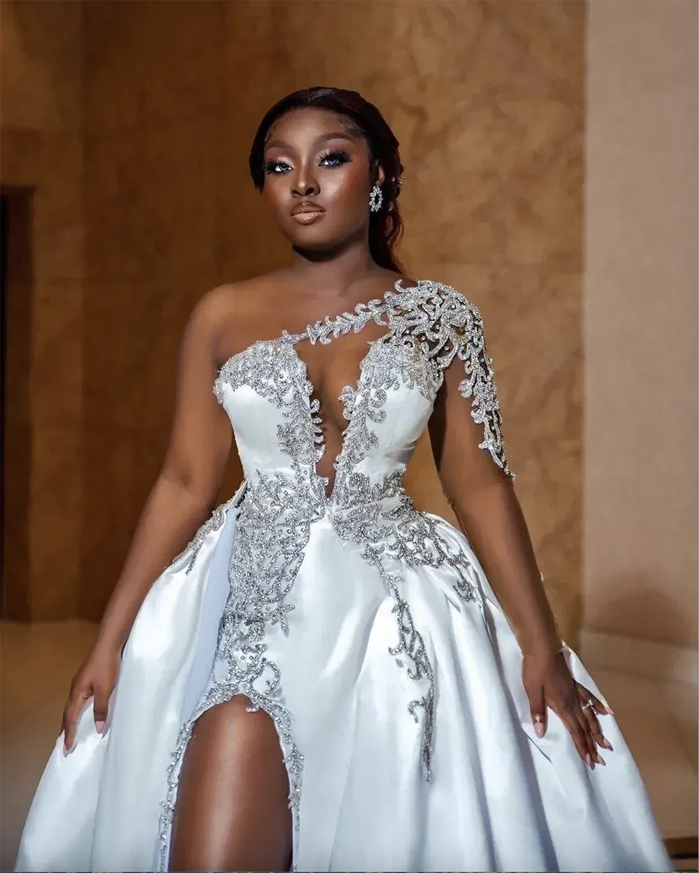 ASO EBI African Sexy High Split Wedding Dresses A Line One Shoulder Beaded Appliques Keyhole Neck Slit Bridal Gowns Plus Size Robes Custom Made 0509