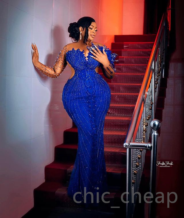 2024 Aso Ebi Royal Blue Prom Dress Mermaid Beaded Crystals Evening Formal Party Second Reception Birthday Engagement Gowns Dresses Robe De Soiree ZJ35