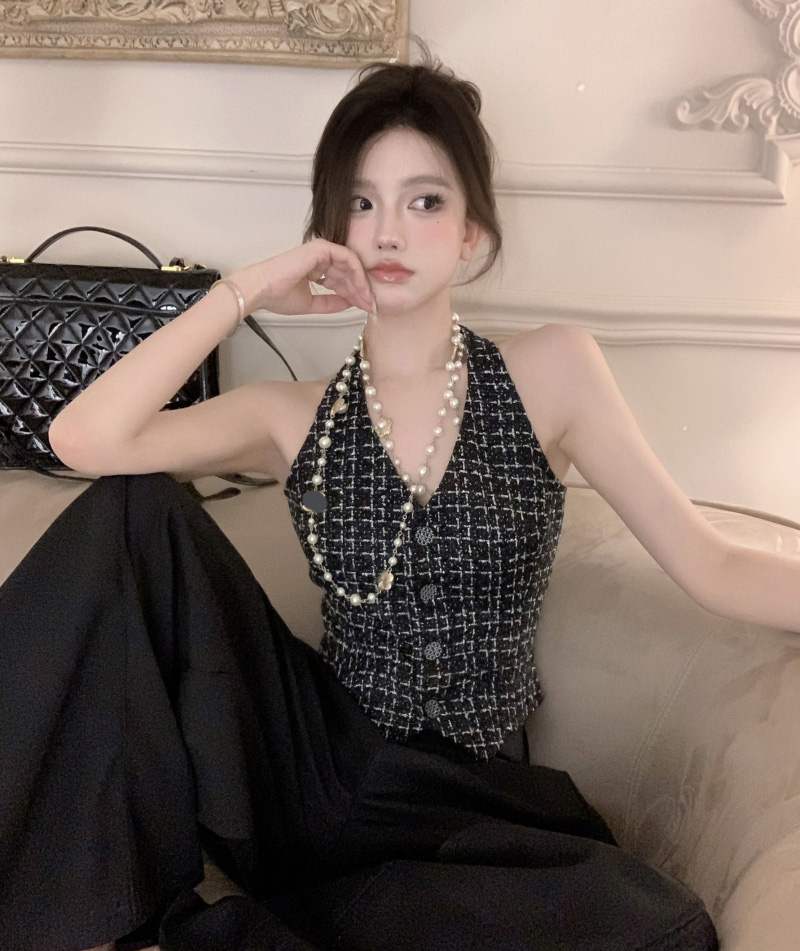 Womens sexy halter neck tweed woolen v-neck plaid pattern tanks camis SM