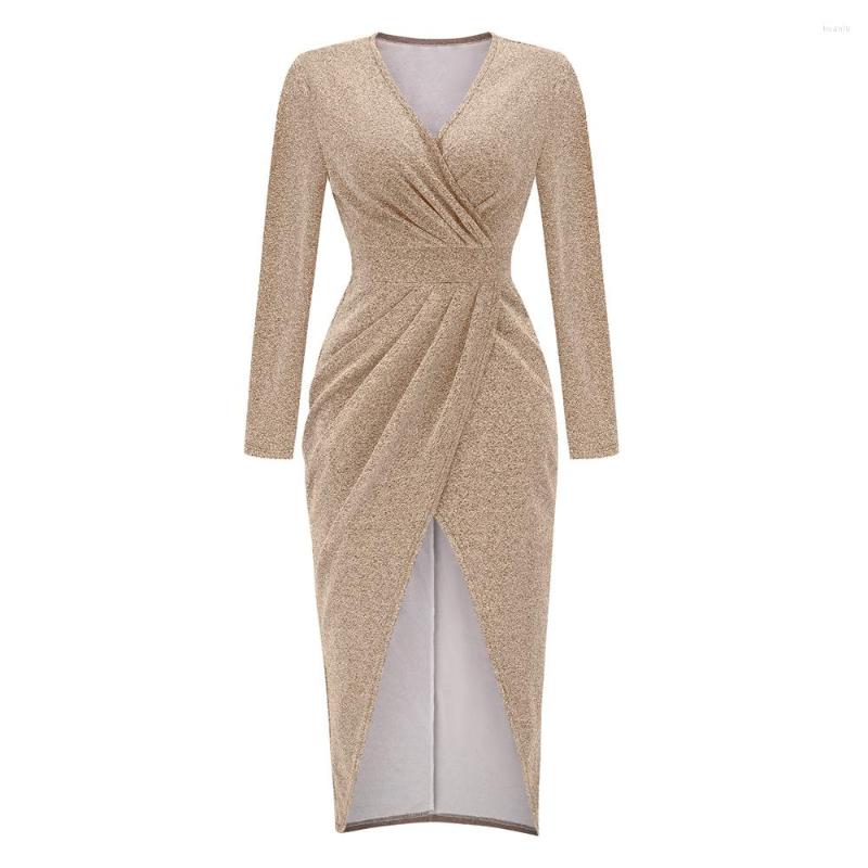 Casual Dresses Slim Black Waist Pleated Sexy V-Neck Midi Dress Office Lady Long Sleeve Solid Color Elegant Slit Vestidos