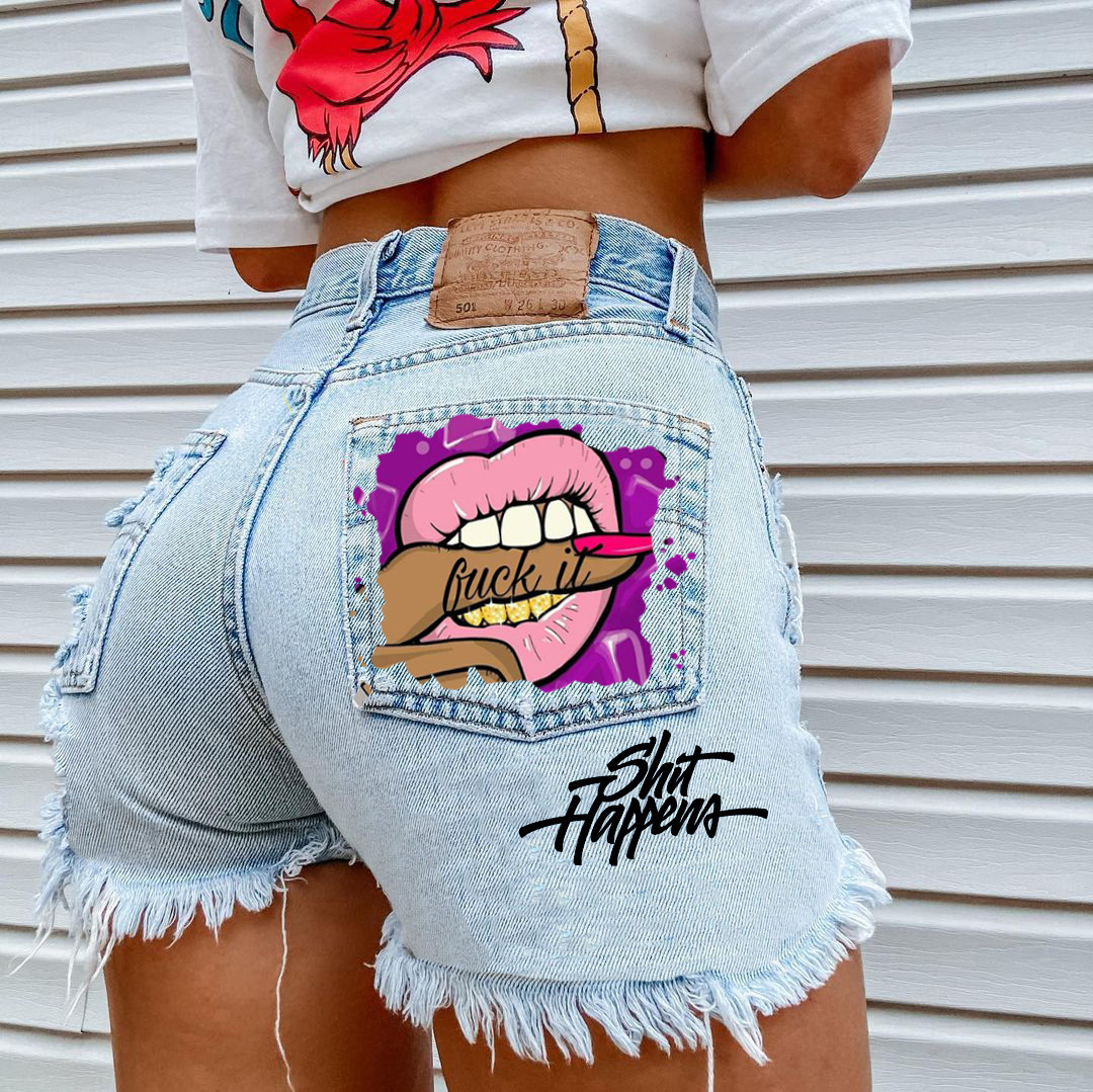 Women's Shorts Selling Denim Shorts Personality Mouth Bite Finger Printing Fashion Hole Pants Women 230602