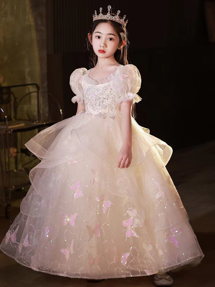 New Ball Pink Flower Girls Dresses For Weddings Cap Sleeve Hand Made Flowers Floor Length Birthday Children Girl Pageant Gowns Butterfly Crystal Prom 