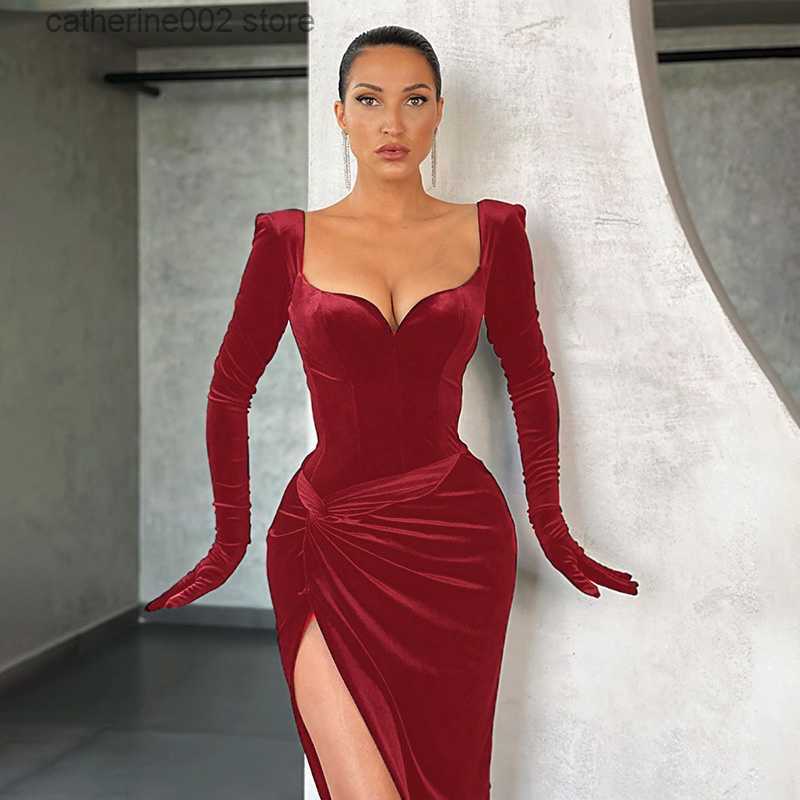 Party Dresses Zoctuo Women Dresses Velvet Corset Midi Dress 2023 Autumn Winter Side Slit Bodycon Party Elegant Evening Festival Clothing T230602