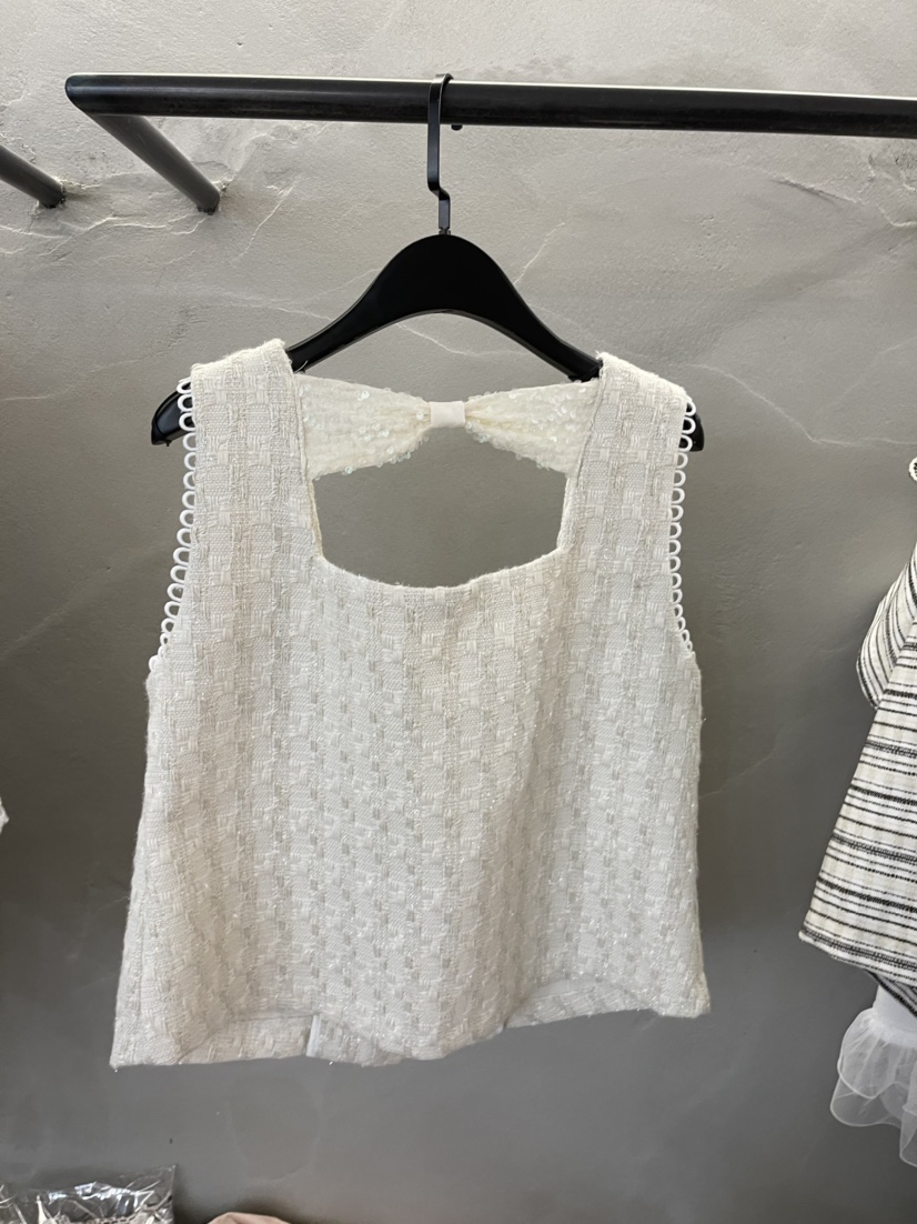 Womens cute sexy back bow hollow out square collar tweed short tanks camis SMLXL