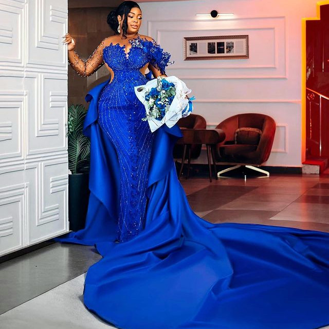 2024 Aso Ebi Royal Blue Prom Dress Mermaid Beaded Crystals Evening Formal Party Second Reception Birthday Engagement Gowns Dresses Robe De Soiree ZJ35