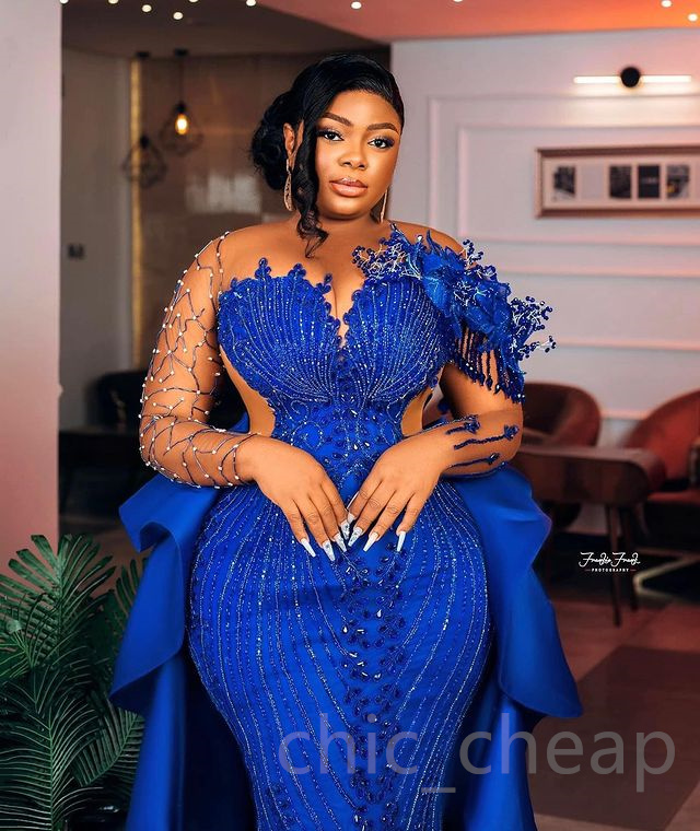 2024 Aso Ebi Royal Blue Prom Dress Mermaid Beaded Crystals Evening Formal Party Second Reception Birthday Engagement Gowns Dresses Robe De Soiree ZJ35