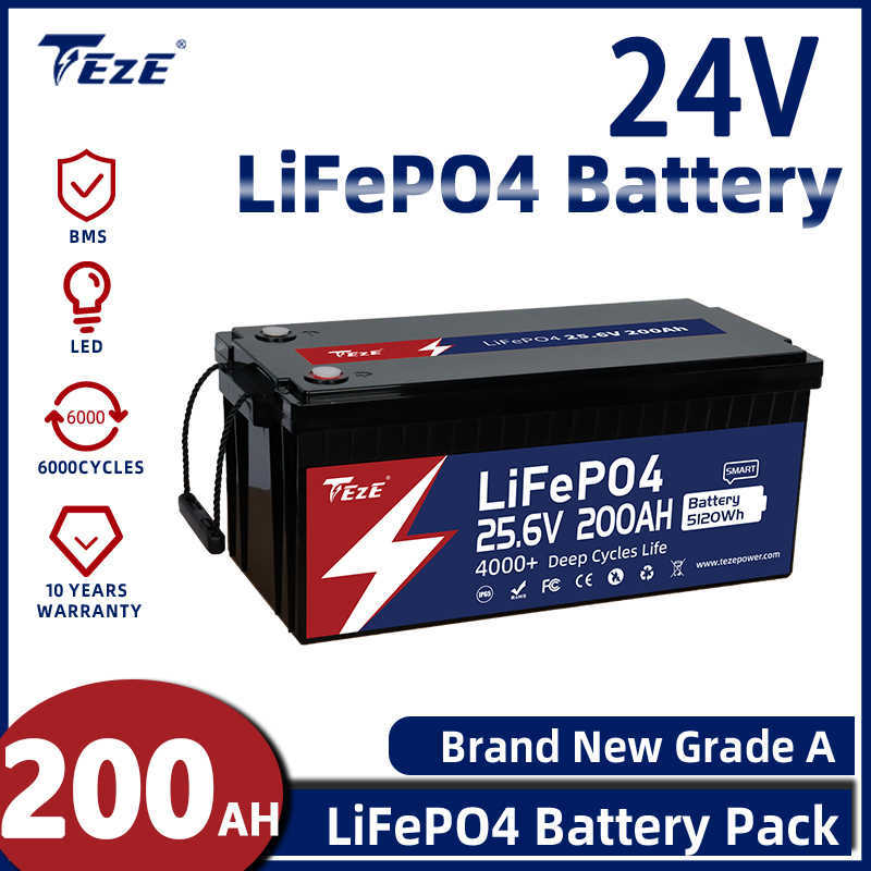 New 24V 200Ah Rechargeable Lifepo4 Battery Pack Built-in BMS 6000 Cycles for Solar Power System RV Motor EU US Tax Free