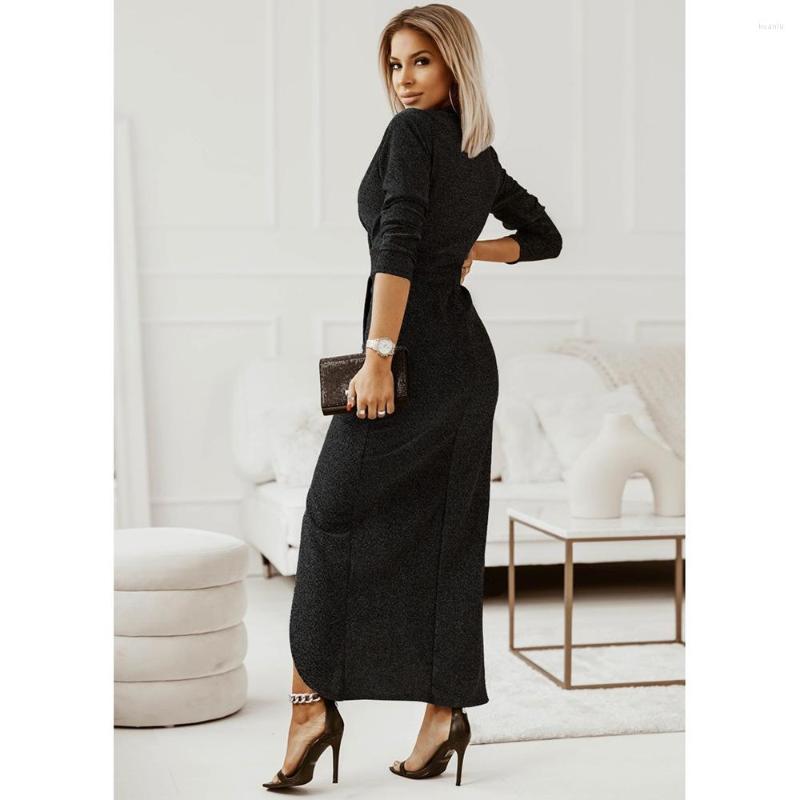 Casual Dresses Slim Black Waist Pleated Sexy V-Neck Midi Dress Office Lady Long Sleeve Solid Color Elegant Slit Vestidos