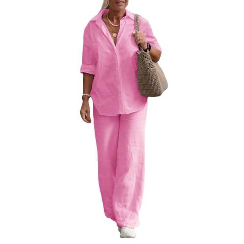 New Spring 2 Piece Set Women Plus Size 3xl 4xl 5xl Clothing Tracksuits Solid Color Lapel Long Sleeve Shirt Top And Wide Leg Baggy Pants Sets Fashion C