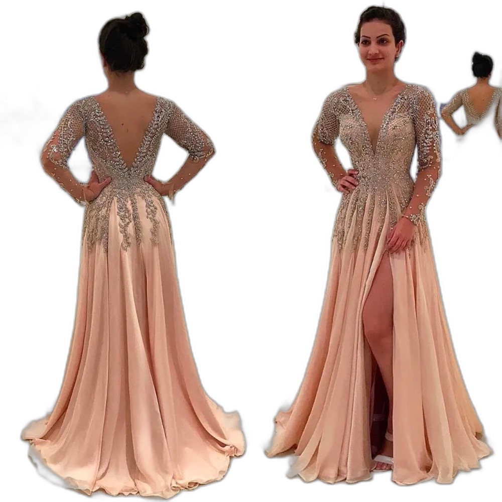 Evening Gorgeous Crystals Backless Dresses Wear Deep V Neck Beaded Prom Gowns Or Length A E Chiffon Split Side Formal Dress 0906