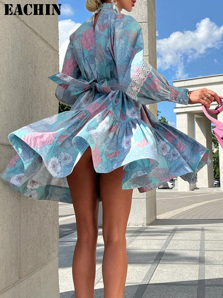 Basic Casual Dresses Spring Woman Elegant Lace Up Print Dress Clothing Female Fashion Puff Sleeve Stand Collar Sexy Party Club Retro 230601