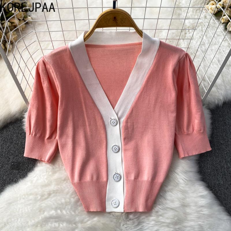Women's Knits Korejpaa Summer Cardigan Coat French Style Contrast Color V Neck Knit Crop Top Vintage Puff Short Sleeve Slimming Women Tops, Brown
Women's Knits Korejpaa Summer Cardigan Coat French Style Contrast Color V Neck Knit Crop Top Vintage Puff Short Sleeve Slimming Women Tops, Brown