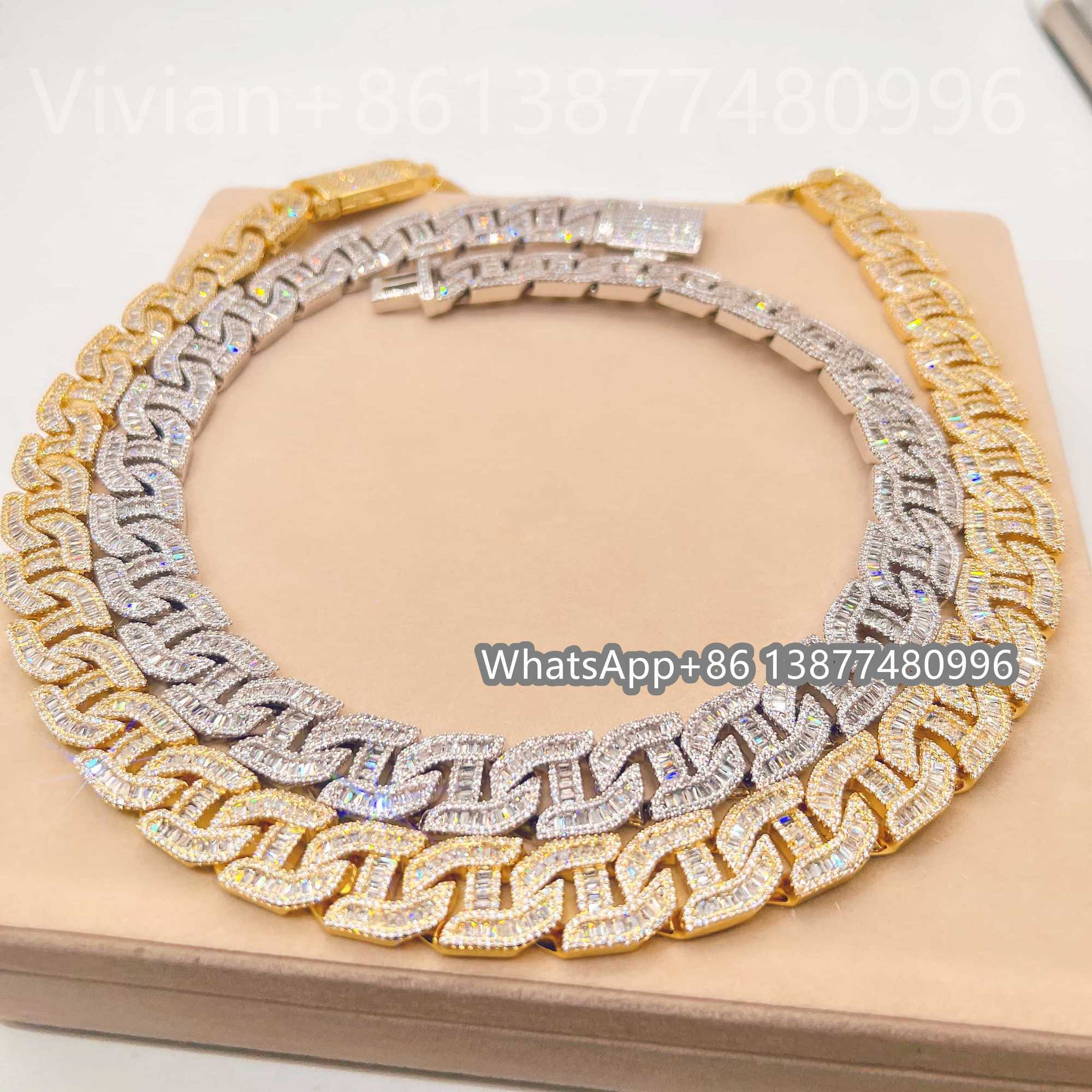Bg Fine Hip Hop Jewelry Baguette Dia Men Necklace Sterg Sier Fully VVS Moissanite Cuban k Chain