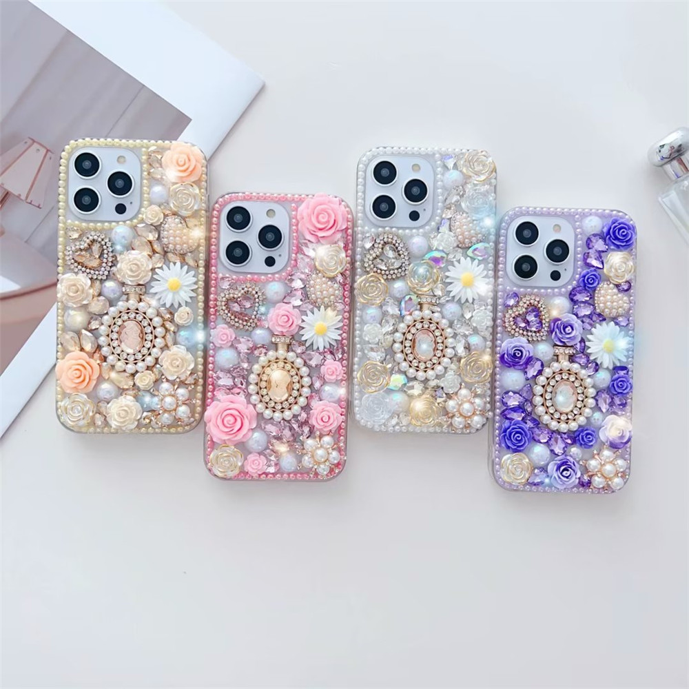 Luxury Bling Diamond Rhinestone Flower Cases For iPhone 18 17 16 15 Pro MAX 13 11 14 XR 12 Pro 14Plus 15Pro 15ProMax Phone Case 3D Crystal Women Back Cover