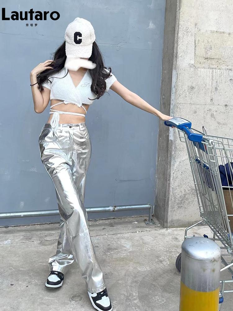 Women' Pants Lautaro Spring Autumn Soft Silver Shiny Patent Pu Leather Straight For Women High Waist Y2k Streetwear Korean Fashion 2023
Women' Pants Lautaro Spring Autumn Soft Silver Shiny Patent Pu Leather Straight For Women High Waist Y2k Streetwear Korean Fashion 2023