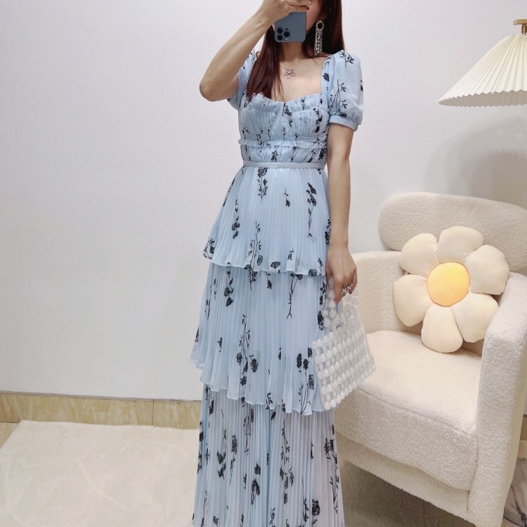 Casual Dresses S-elf-Portrait Polyester Midi Dress Short Sleeve Slim Fit Dress for Women Blue