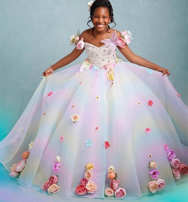 little girls elegant beaded ball gown tulle fabric colored flowers vintage charm suit for pageantry model zj411