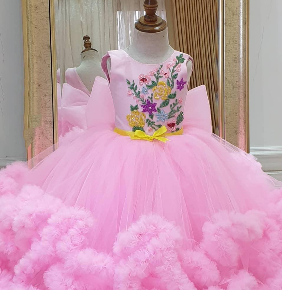 formal pink floral embellished childs sleeveless ball gown layered tulle design zj421