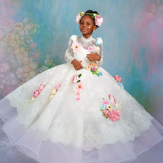 white floral embroidered lace dress for young girls classic vintagestyle ball gown code zj422