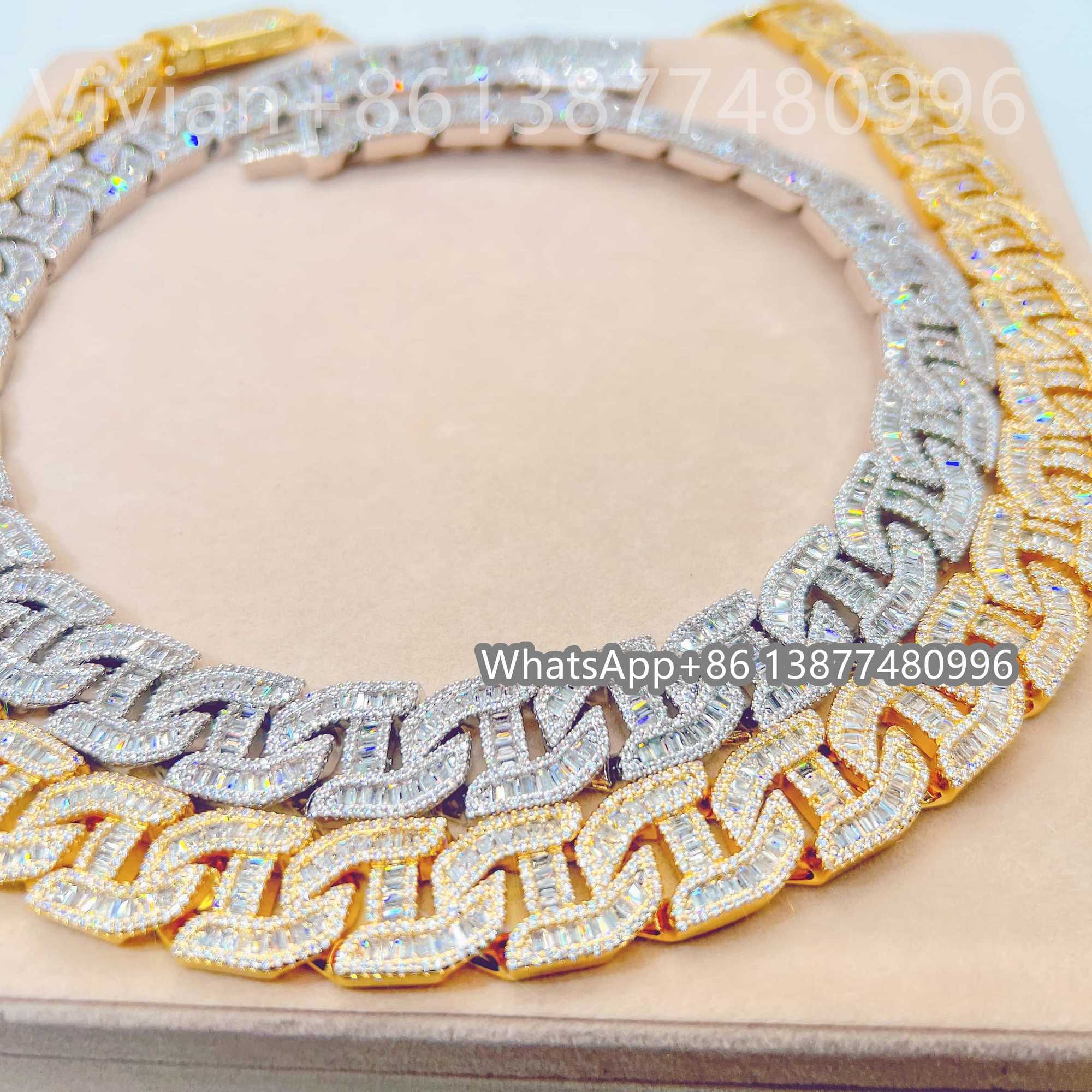 Bg Fine Hip Hop Jewelry Baguette Dia Men Necklace Sterg Sier Fully VVS Moissanite Cuban k Chain