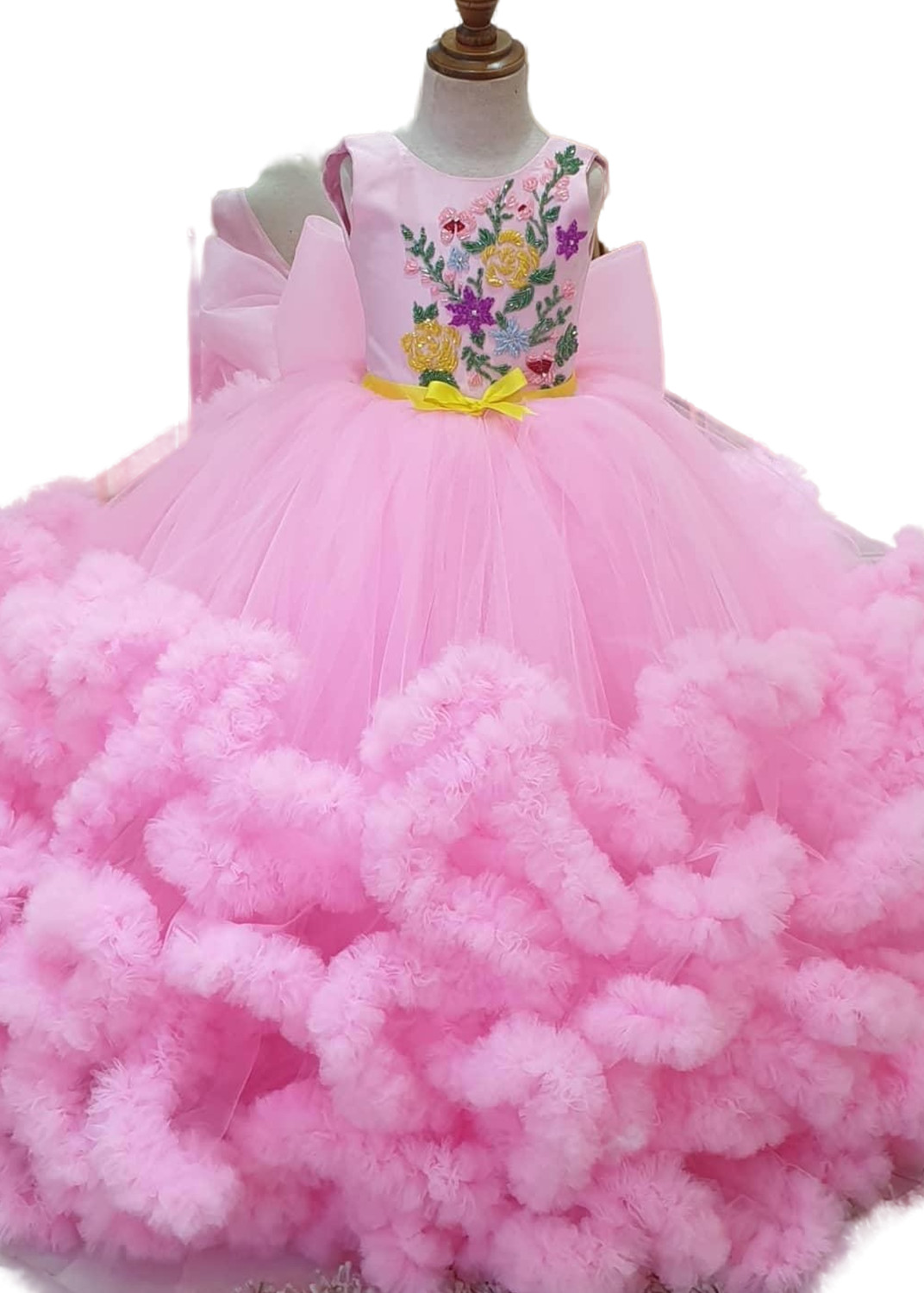 formal pink floral embellished childs sleeveless ball gown layered tulle design zj421