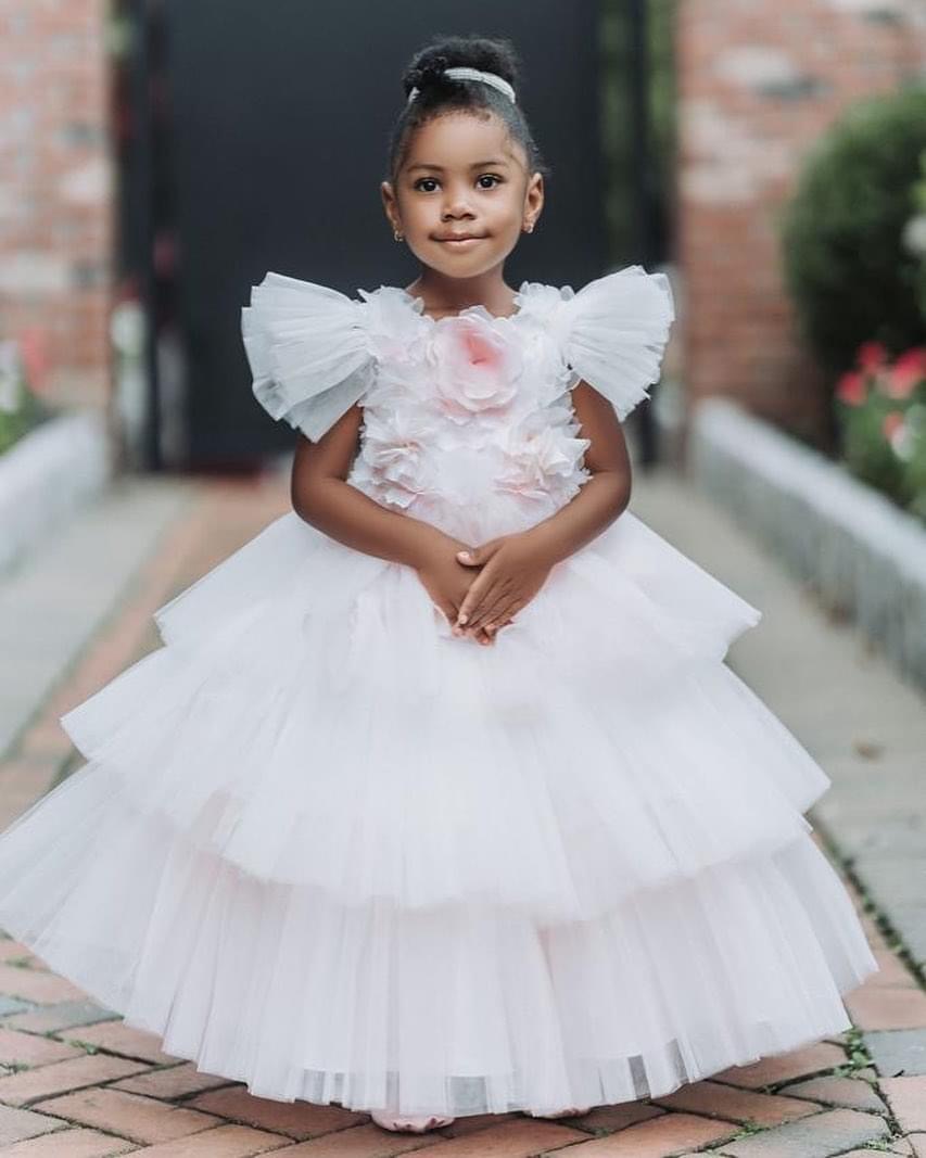 timeless elegance handcrafted 2023 white pegeant tulle gown with delicate flower embellishments for your flower girl zj404