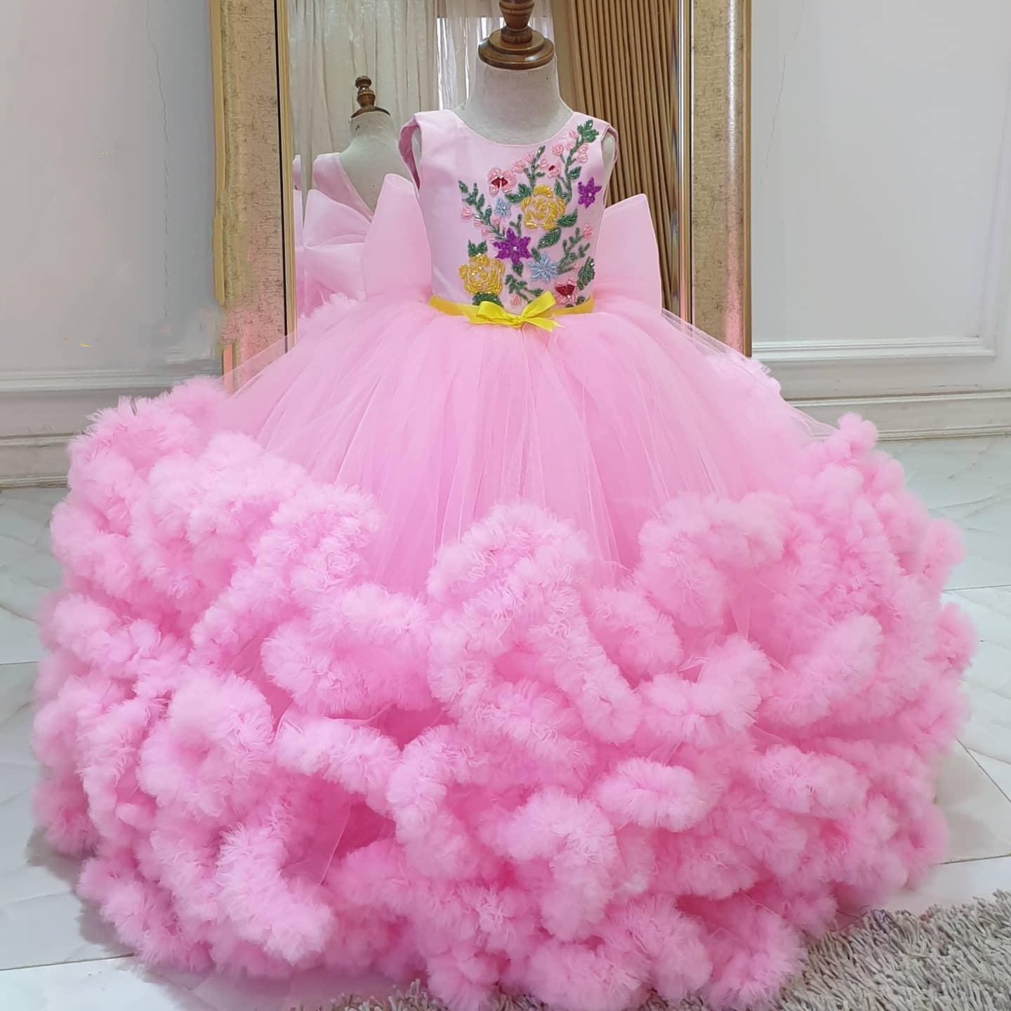 formal pink floral embellished childs sleeveless ball gown layered tulle design zj421