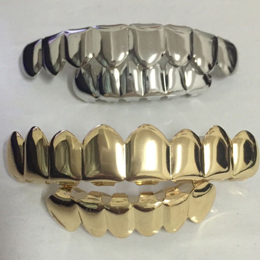 

Hip Hop Zircon Vampire teeth braces Dental Teeth Grillz Men Women Gold Grills Teeth Set Fashion Jewelry High Quality Eight 8 Top Tooth Six 6 Bottom Grills 1255
