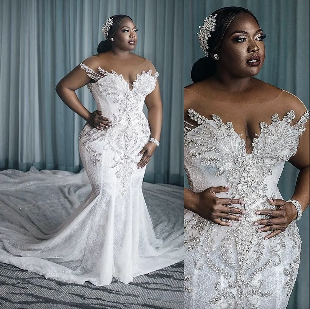 2023 African Arabic Charming Mermaid Wedding Dresses Illusion Full Lace Appliques Crystal Beading Cap Sleeves Chapel Train Formal Bridal Gowns Plus Si