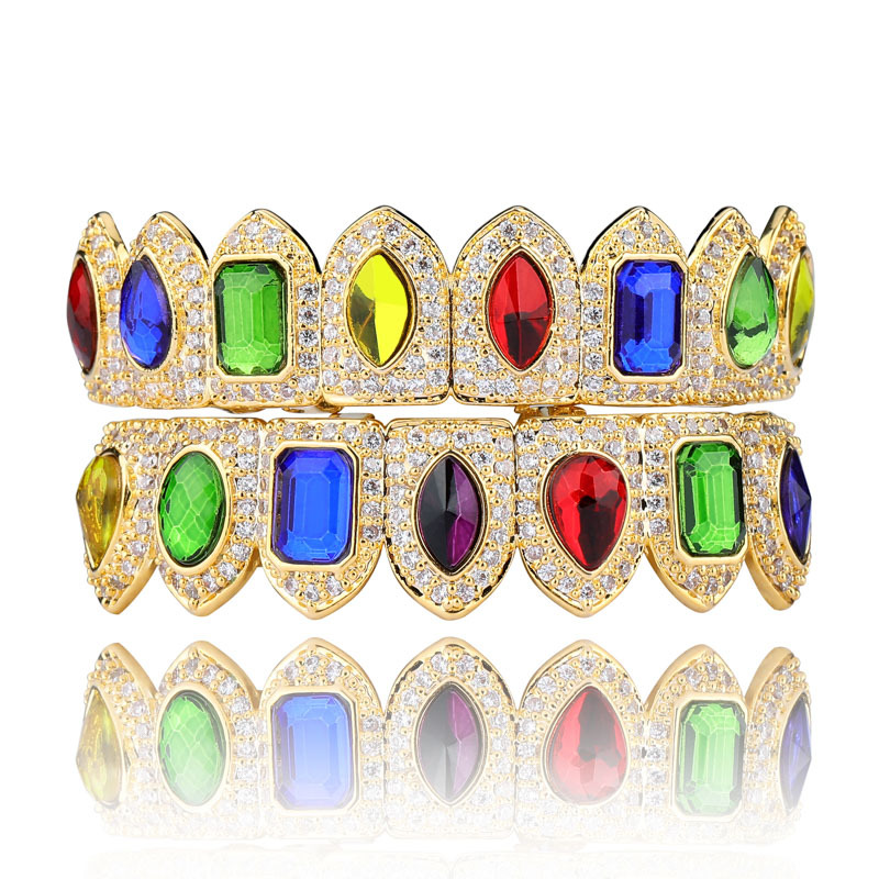 Hip Hop Colored gemstone braces Dental Teeth Grillz Full zircon Gold Silver Grills Teeth Set Fashion Jewelry High Quality Eight 8 Top Tooth Six 6 Bottom 1258
Hip Hop Colored gemstone braces Dental Teeth Grillz Full zircon Gold Silver Grills Teeth Set Fashion Jewelry High Quality Eight 8 Top Tooth Six 6 Bottom 1258