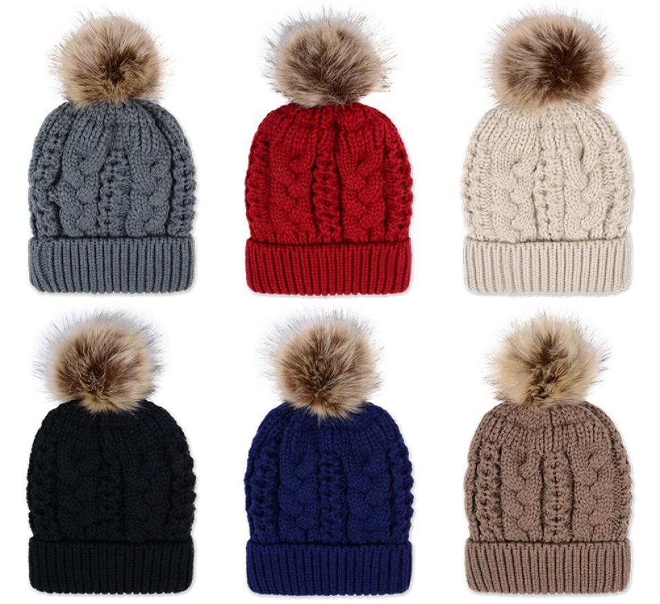 

Winter Thick double layer Colorful Snow Caps Wool Knitted Beanie Hat With Artificial Raccoon Fur Pom Poms For Women Men Hip Hop ca6613256, Khaki