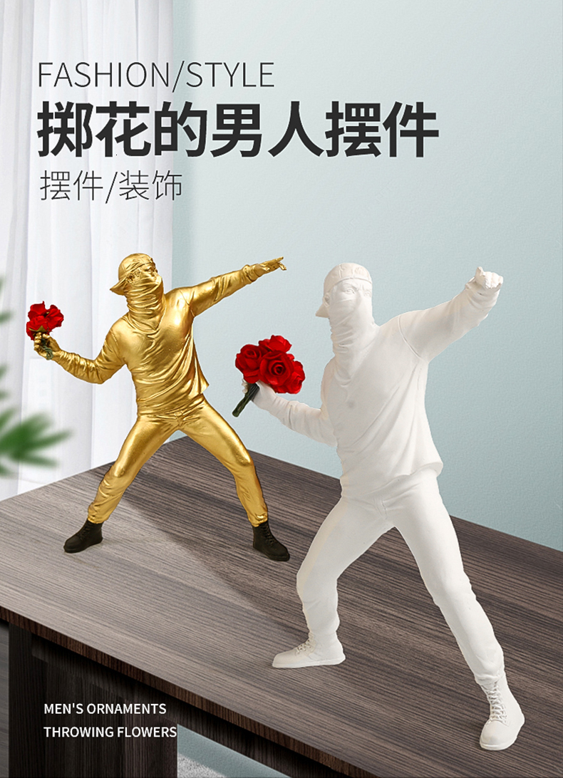 Decorative Objects Figurines Resin Statues Sculptures Banksy Flower Thrower Statue Bomber Home Decoration Modern Ornaments Figurine Collectible 230602
