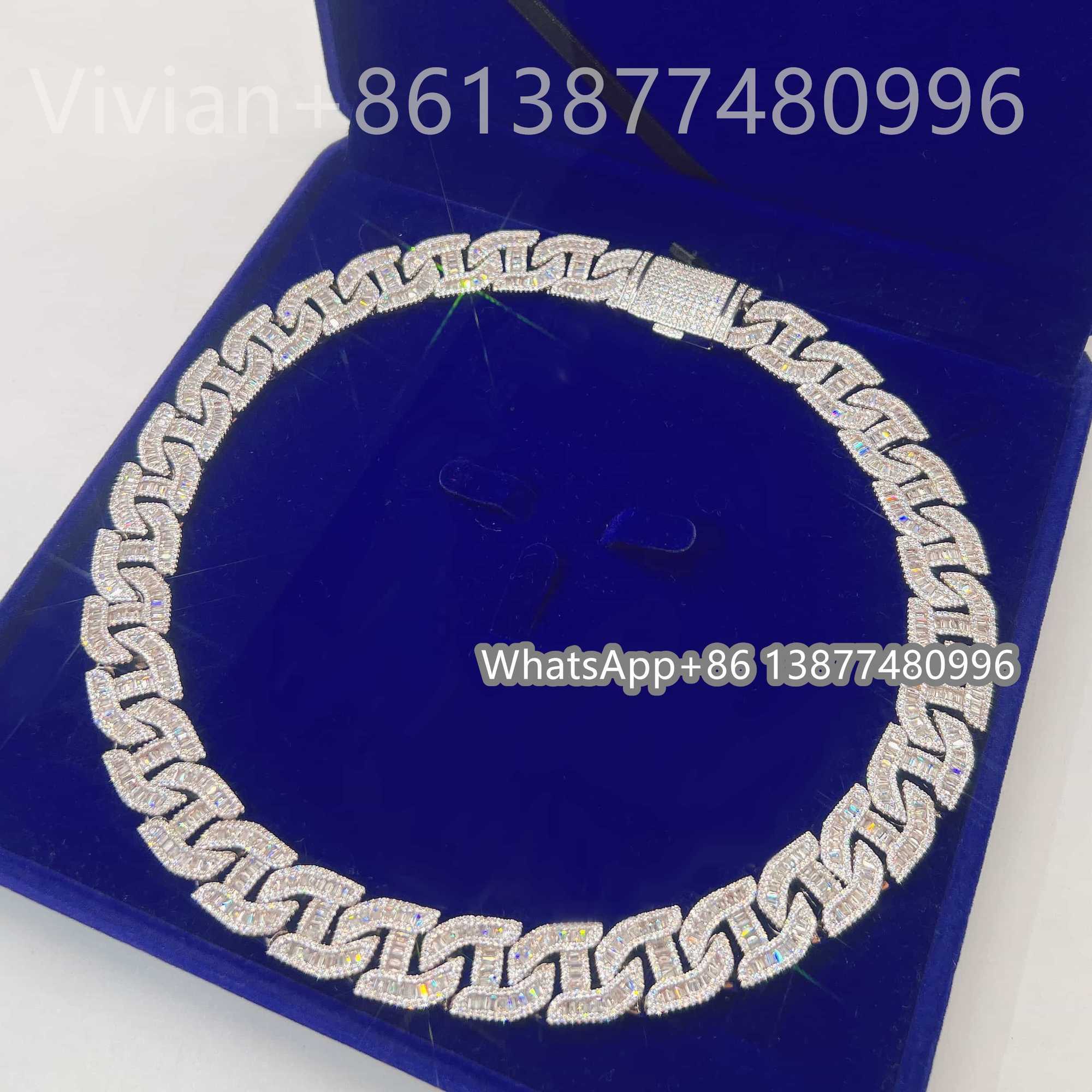 Bg Fine Hip Hop Jewelry Baguette Dia Men Necklace Sterg Sier Fully VVS Moissanite Cuban k Chain