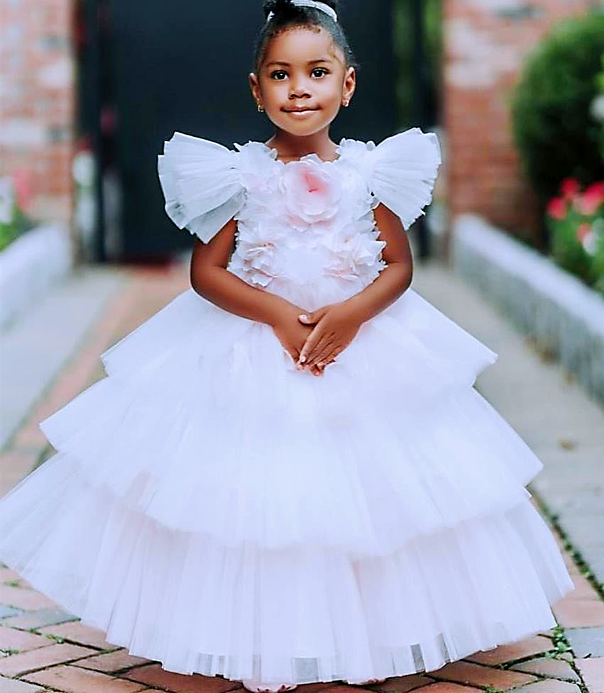 timeless elegance handcrafted 2023 white pegeant tulle gown with delicate flower embellishments for your flower girl zj404