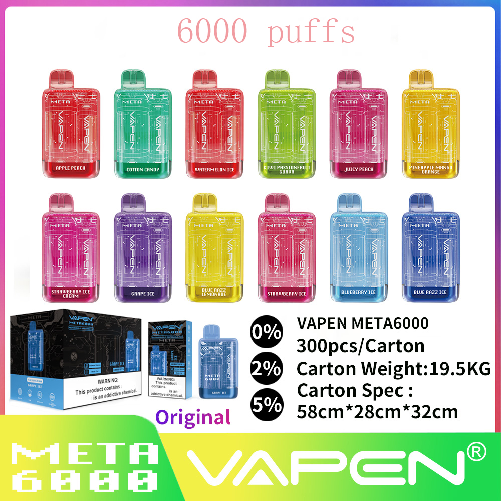 Authentic VAPEN META 6000puffs Disposable Vape Pen Device Electronic e cigarettes Kits 550mAh Battery Pre-Filled Elf Bars Vaporiezer Vapor 0% 2% 5% Options
Authentic VAPEN META 6000puffs Disposable Vape Pen Device Electronic e cigarettes Kits 550mAh Battery Pre-Filled Elf Bars Vaporiezer Vapor 0% 2% 5% Options