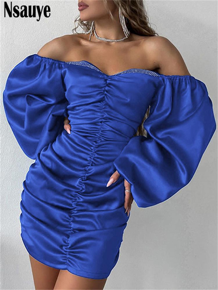 Dresses Nsauye Elegant Backless Women Sexy Off Shoulder Long Sleeve Club Mini Dress Bodycon Fashion Autumn Party Satin Blue Dress 2022
Dresses Nsauye Elegant Backless Women Sexy Off Shoulder Long Sleeve Club Mini Dress Bodycon Fashion Autumn Party Satin Blue Dress 2022