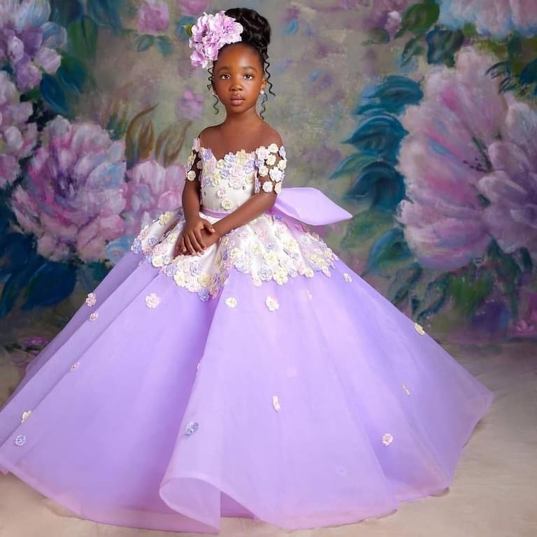 charming lilac tulle ball gown for little girls featuring a floral design short sleeves code zj406