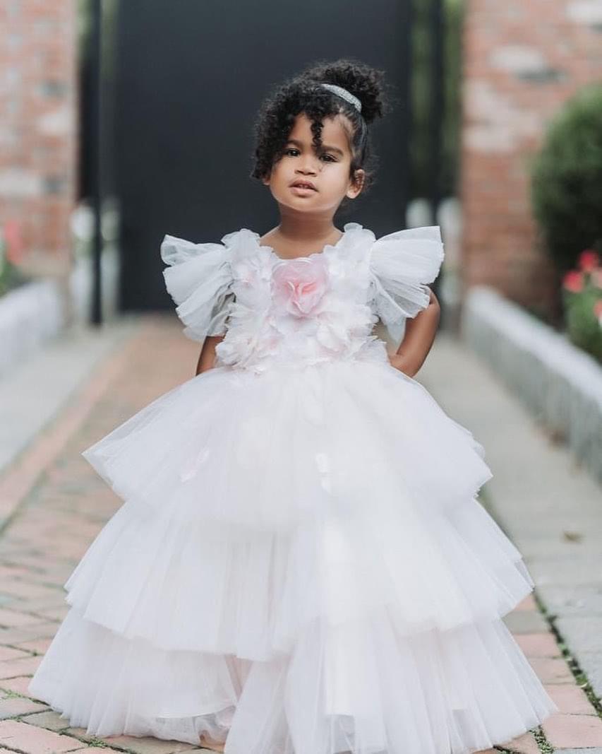 timeless elegance handcrafted 2023 white pegeant tulle gown with delicate flower embellishments for your flower girl zj404