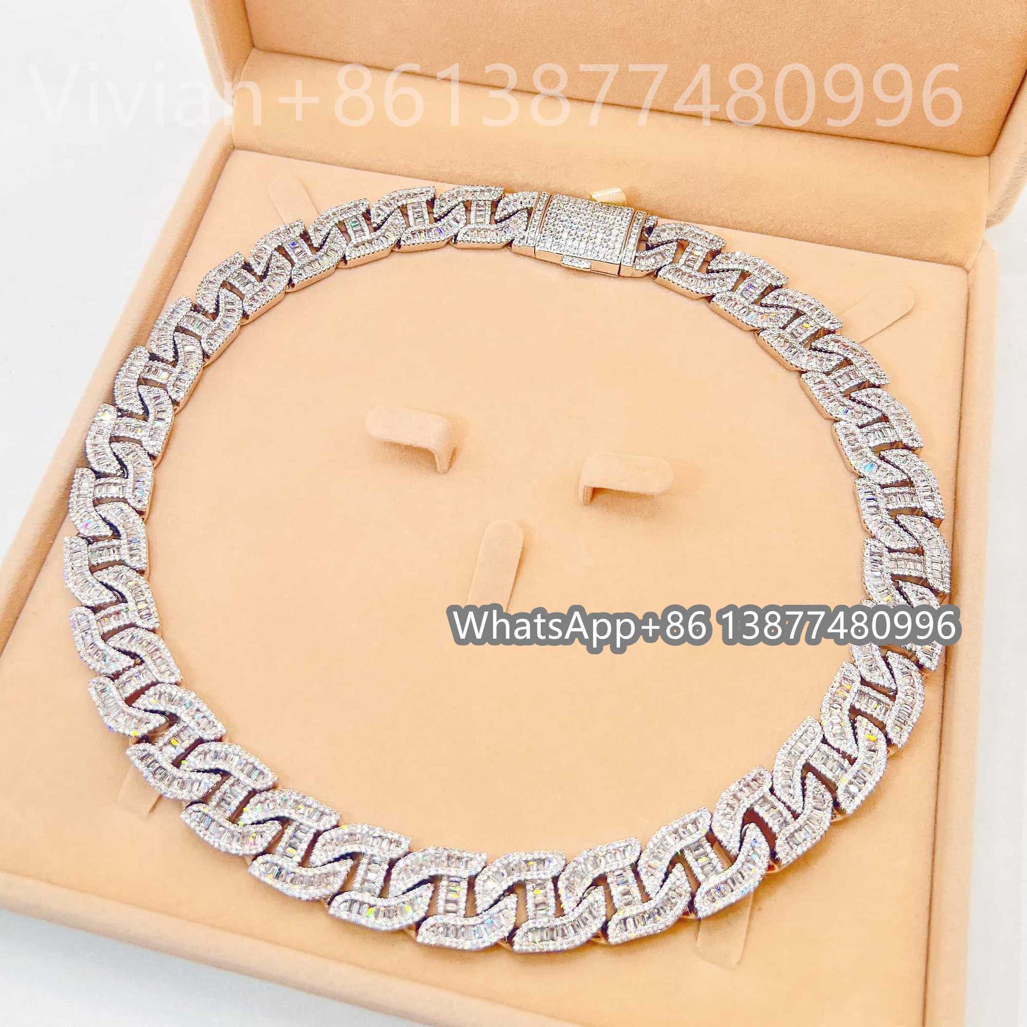 Bg Fine Hip Hop Jewelry Baguette Dia Men Necklace Sterg Sier Fully VVS Moissanite Cuban k Chain