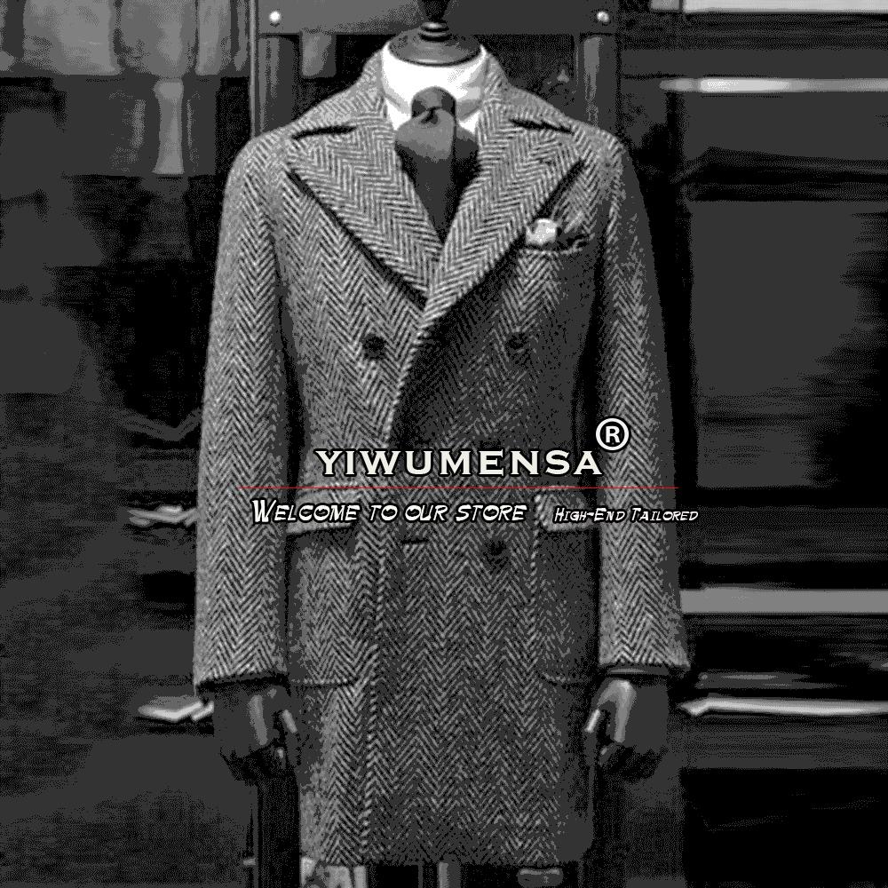 

Blazers Formal Suit Jacket Men Double Breasted Overcoat Long Trench Coat Tweed Wool Blend Grey Herringbone Abrigos Hombre Invierno 2022, Khaki