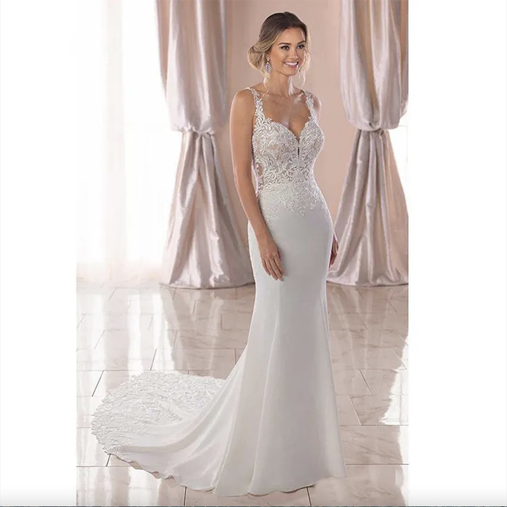 2023 Beach Wedding Dresses Bridal Gown Spaghetti Straps Mermaid Lace Applique Sweep Train Backless Custom Made Vestido de novia 0509
