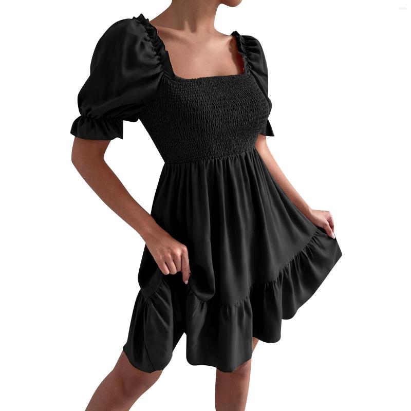Casual Dresses Women Solid Color Elegant Dress Puff Sleeve Short Sleeves Mini High Waist Elastic Tight Style Layer Ruffle