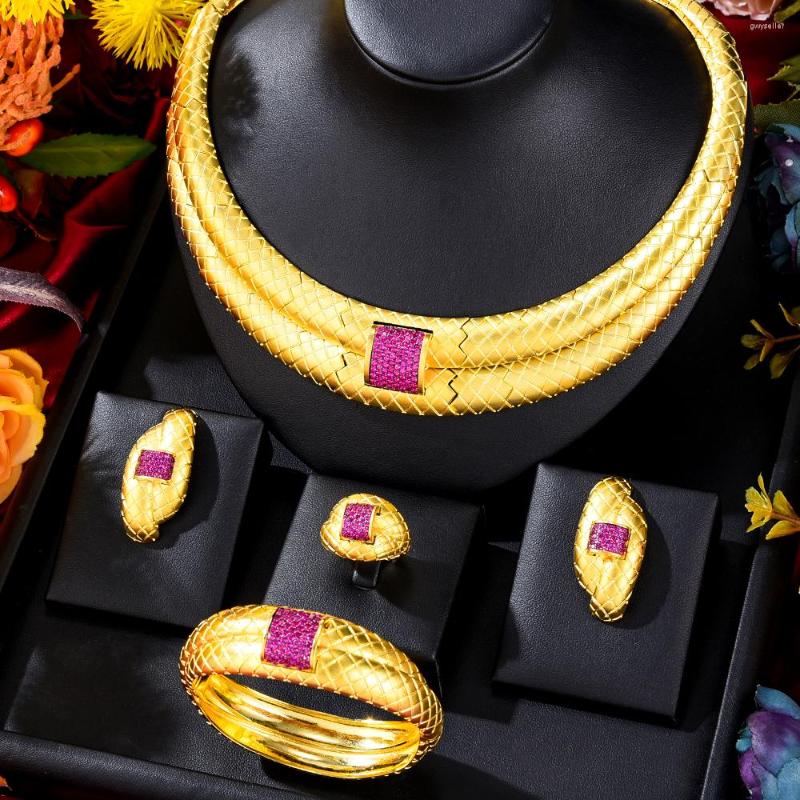 

Necklace Earrings Set Missvikki Original DUBAI 4pcs Bangle Ring Luxury Gougeous Splicing For Women Wedding Party, Picture shown