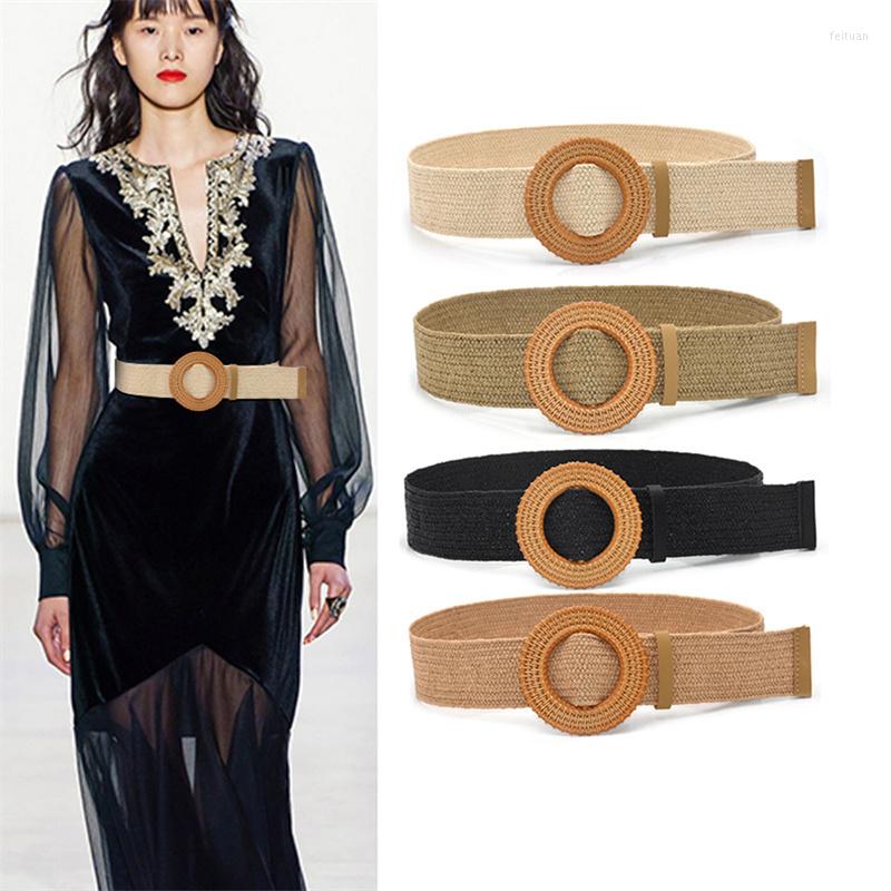 Belts Bohemian Round Buckle Wide Braided For Women Summer Fake Straw Weave Waist Strap Female Skirt Belt Fashion Accessories, White