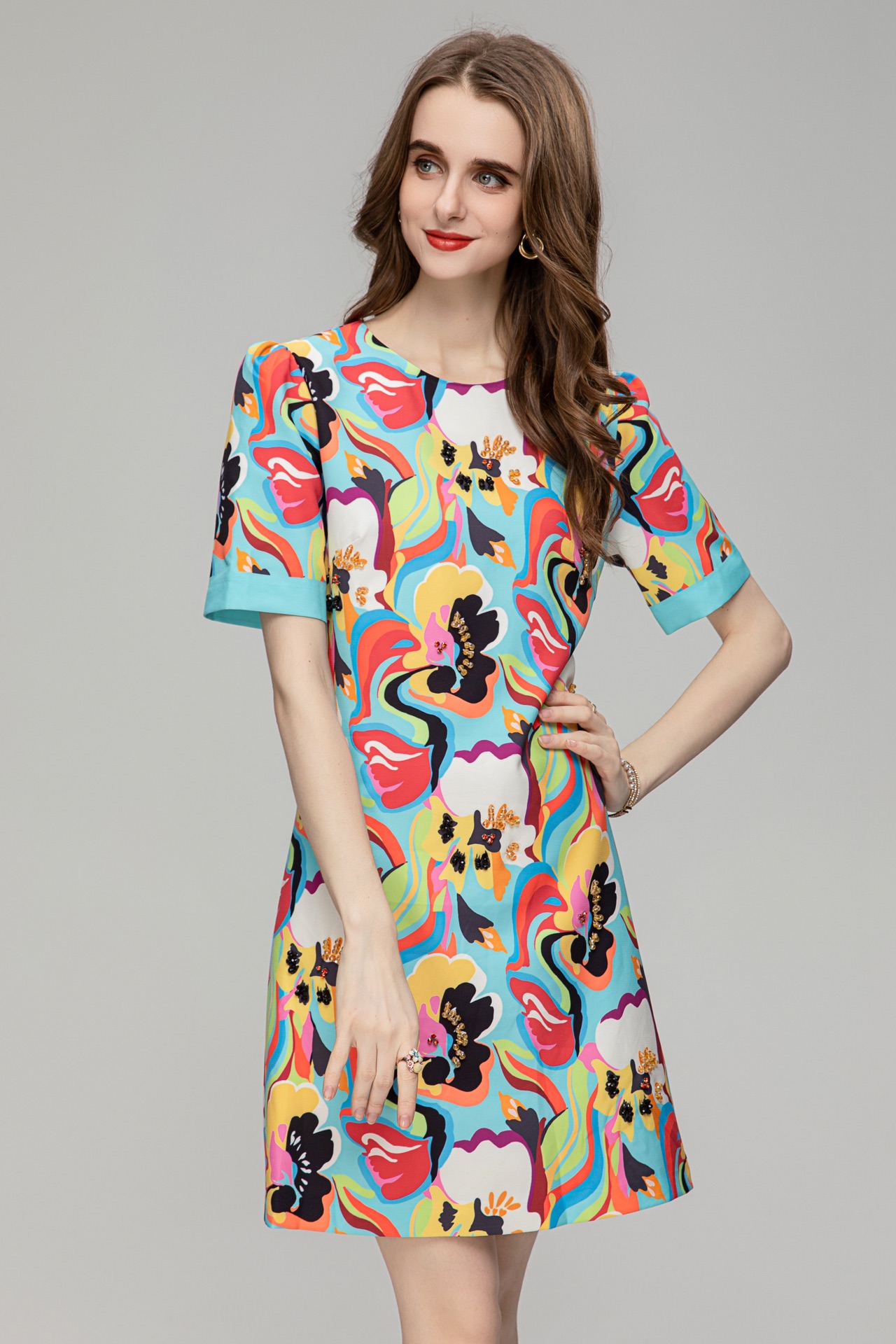 Original Designer New Dress 2023 Spring/Summer Fashion Digital Flower Print Women's Round Neck Short Sleeve Elegant Beaded Dress, Customize
Original Designer New Dress 2023 Spring/Summer Fashion Digital Flower Print Women's Round Neck Short Sleeve Elegant Beaded Dress, Customize