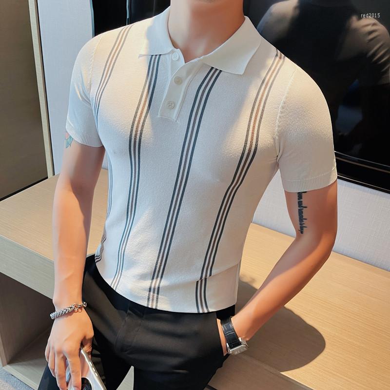 Men's Polos High Quality Casual Striped Polo T-shirts Men Summer Short Sleeve Ice Silk Slim Tshirts Fashion Lapel Tee Tops Social Streetwear, Blue 
Men's Polos High Quality Casual Striped Polo T-shirts Men Summer Short Sleeve Ice Silk Slim Tshirts Fashion Lapel Tee Tops Social Streetwear, Blue