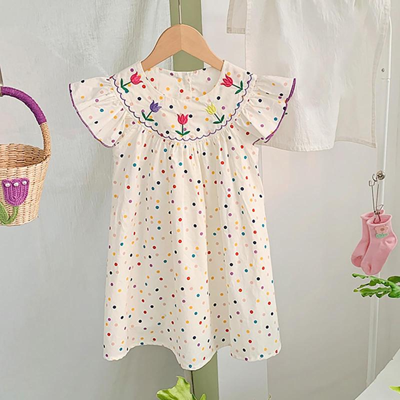 Girl Dresses Girl's Colorful Wave Dot Print Flower Embroidery Summer Small Flying Sleeve Crew Neck A Swing Loose, Beige
Girl Dresses Girl's Colorful Wave Dot Print Flower Embroidery Summer Small Flying Sleeve Crew Neck A Swing Loose, Beige