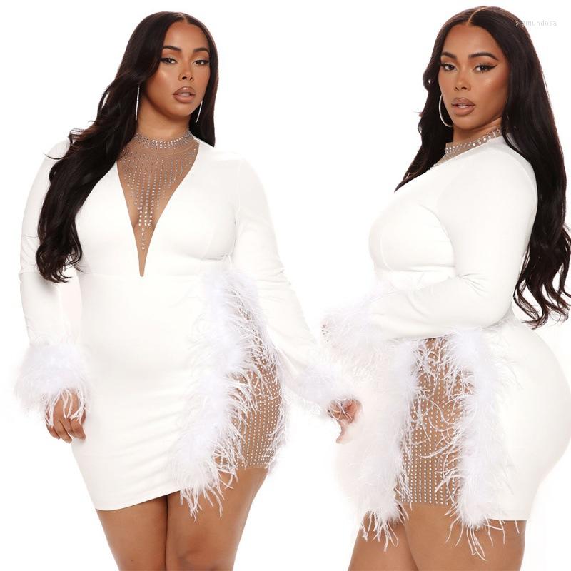Casual Dresses Plus Size Women Feather Party Dress Sexy Sheer Mesh Diamonds Long Sleeves Fashion Ladies Nightclub Birthday
